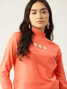 DressBerry Women Orange Embroidered Sweatshirt