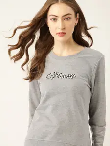 DressBerry Women Grey Melange Solid Embroidered Sweatshirt