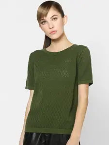 ONLY Women Green Self-design Round Neck Regular Top