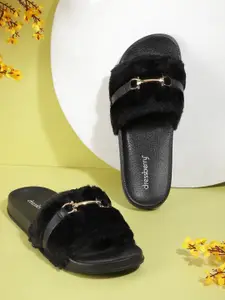 DressBerry Women Black Sliders with Fur Detail