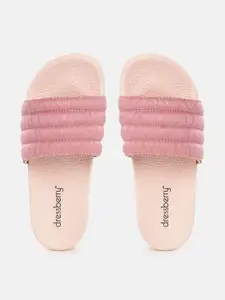 DressBerry Women Pink & Peach-Coloured Striped Puffy Sliders