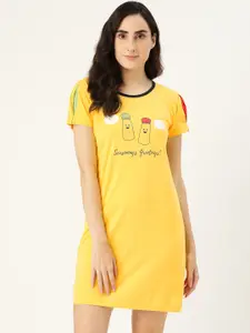 Clt.s Women Yellow Printed Pure Cotton Knitted Sleep DressNightdress