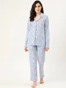Clt.s Women Blue & Off White Printed Night suit