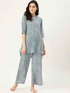 Clt.s Women Blue & Pink Printed Pure Cotton Night Suit