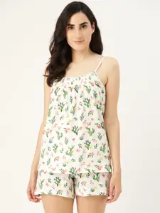 Clt.s Women White & Green Pure Cotton Printed Night suit