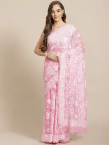 ADA Women Pink & White Poly Georgette Chikankari Embroidered Saree