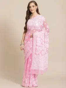 ADA Women Pink & White Poly Georgette Chikankari Embroidered Handloom Saree