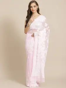 ADA Women Pink & White Poly Georgette Chikankari Embroidered Handloom Saree