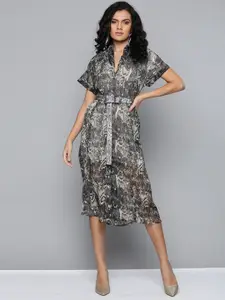 SASSAFRAS Women Grey & Black Animal Print & Woven Design Shirt Midi Dress with Belt