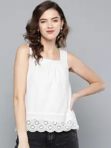 SASSAFRAS Women White Solid Regular Cotton Top with Schiffli Embroidered Detail