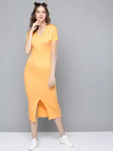 SASSAFRAS Women Mustard Yellow Front Knot Midi Sheath Dress