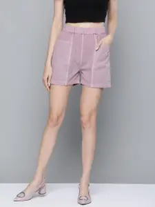 SASSAFRAS Women Lavender Pure Cotton Garment-Dyed Twill Shorts