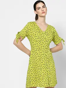 ONLY Lime Green & Black Printed Button Closure A-Line Dress