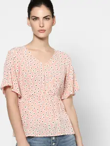 ONLY Women Coral Pink & White Floral Peplum Top