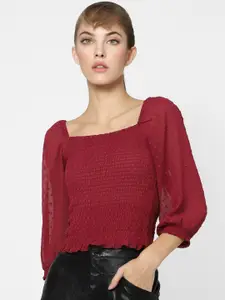 ONLY Women Maroon Puff Sleeve Smocked Fitted Top