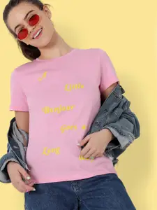ONLY Women Pink  Yellow Typography Printed Pure Cotton T-shirt