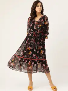 Antheaa Black & Red Floral Print Wrap Midi Dress