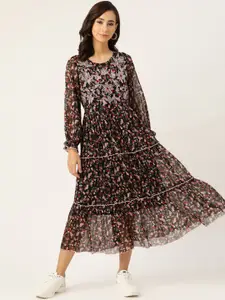 Antheaa Black & Red Floral Print Tiered A-Line Midi Dress