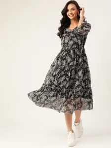 Antheaa Black & Off White Floral Print Midi Wrap Dress