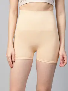 Inddus Women Beige Solid High Compressed Seamless Tummy Thigh Shapewear