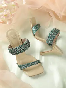 House of Pataudi Women Green & Silver-Toned Handcrafted Woven Design Slim Heels with Pouch
