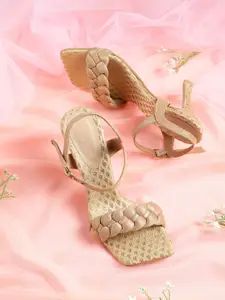 House of Pataudi Women Beige Braided Handcrafted Slim Heels with Pouch