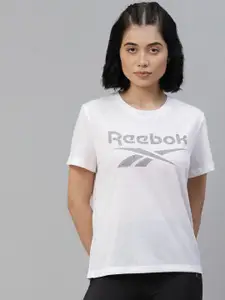 Reebok Women White Printed Workout Ready Supremium Slim Big Logo Training T-Shirt