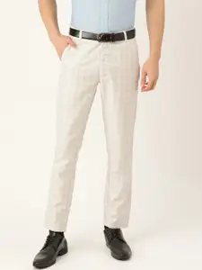 SOJANYA Men Off-White & Grey Checked Smart Fit Formal Trousers