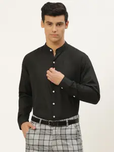 SOJANYA Men Black Regular Fit Cotton Linen Solid Semiformal Shirt