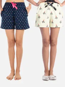 Nite Flite Women Pack of 2 Navy Blue & Cream-Coloured Printed Lounge Shorts