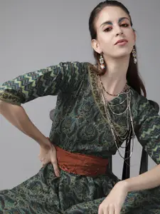 Libas Green Cotton Ethnic Motifs Printed Wrap Midi Dress
