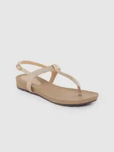 DressBerry Women Gold-Toned Solid T-Strap Flats