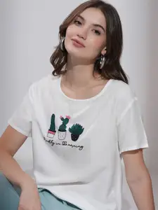 Tokyo Talkies White & Green Printed Lounge Top