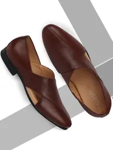 FAUSTO Men Brown Textured Formal Leather Slip-On Shoes