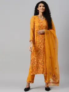 ADA Mustard Yellow & Red Chikankari Embroidered Sustainable Unstitched Dress Material