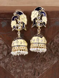 AccessHer Gold-Plated & Blue Handcrafted  Enamelled Kundan & Pearls Studded Jhumkas