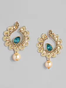 AccessHer Gold-Toned & Blue Handcrafted Kundan Studded Classic Drop Earrings