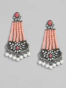 AccessHer Peach-Coloured & White Silver-Plated Mirror Studded Drop Earrings