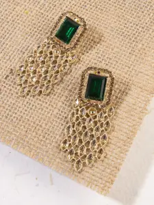 AccessHer Gold-Plated & Green Handcrafted American Diamond Studded Square Drop Earrings