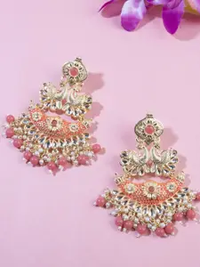 AccessHer Peach Coloured Gold-Plated Handcrafted Kundan Peacock-Shaped Drop Earrings