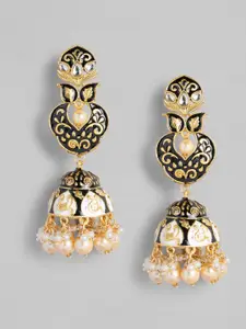 AccessHer Gold-Toned & Black Handcrafted Enamelled Pearl Studded Dome Shaped Jhumkas