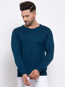 Kalt Men Teal Blue Solid Pullover Sweater