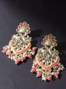 AccessHer Gold-Plated Pink Handcrafted Kundan Studded Peacock-Shaped Drop Earrings