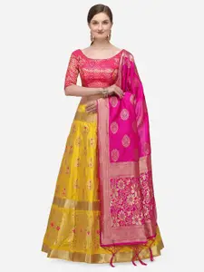 JATRIQQ Yellow & Pink Woven Design Semi-Stitched Lehenga & Unstitched Blouse with Dupatta