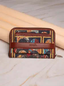 ZOUK Women Black & Brown African Art Printed Vegan Leather Zip Around Sustainable Wallet