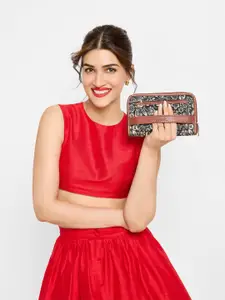 ZOUK Women Navy Blue & Brown Printed Vegan Leather Zip Around Wallet