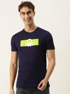 United Colors of Benetton Men Navy Blue & Lime Green Brand Logo Printed T-shirt
