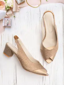 Marc Loire Women Brown & Gold-Toned Glitter Heeled Peep Toes