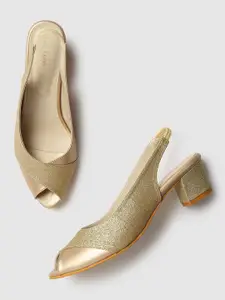 Marc Loire Women Gold-Toned Woven Design Peep Toe Block Heels with Shimmer Detail