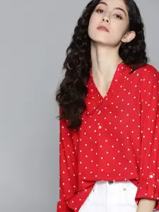 Harvard Red & White Polka Dots Print Shirt Style Top